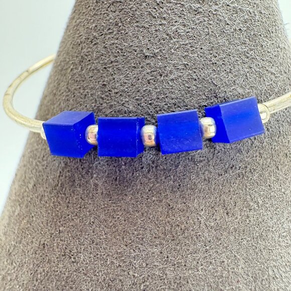 Sterling Silver 925 Child's Size Blue Cube Stone & Silver Tubing Bracelet 5" L - Picture 5 of 15